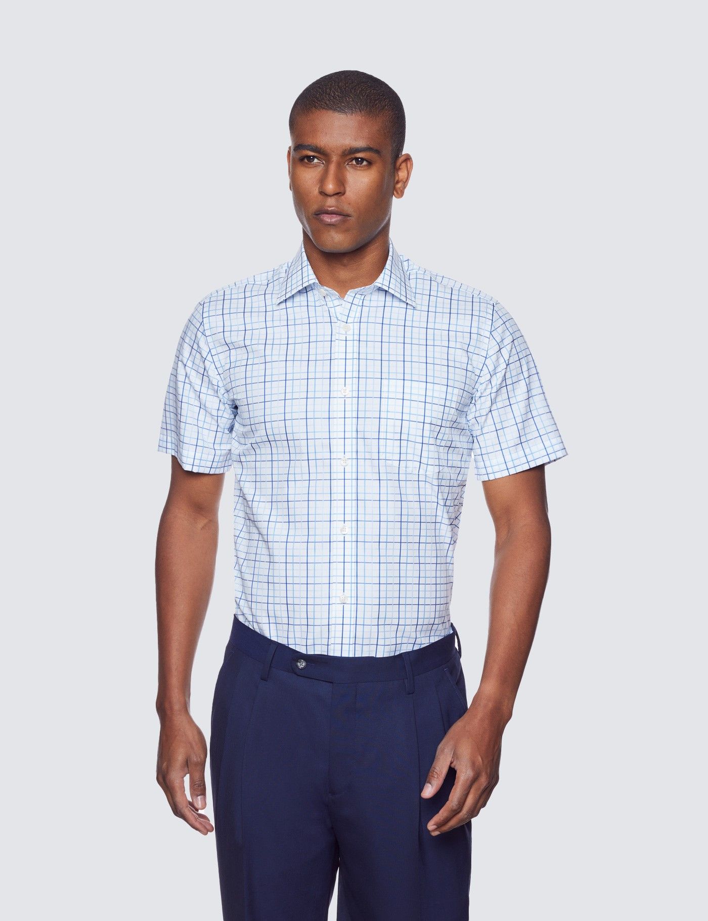 Tailored Fit Blue & Navy Multi Check Non-Iron Shirt - Short Sleeve - Chest Pocket
