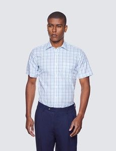 Tailored Fit Blue & Navy Multi Check Non-Iron Shirt - Short Sleeve - Chest Pocket