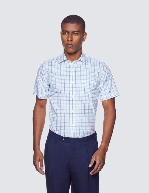 Blue & Navy Multi Check Tailored Fit Short Sleeve Shirt – Chest Pocket