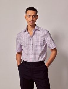 Non-Iron Pink & Blue Multi Check Tailored Fit Short Sleeve Shirt – Chest Pocket