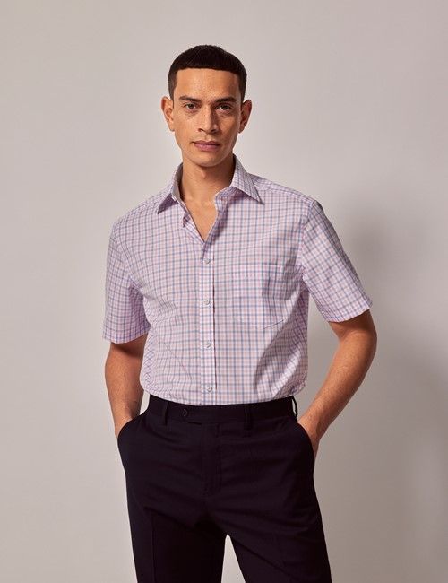 Non-Iron Pink & Blue Multi Check Tailored Fit Short Sleeve Shirt – Chest Pocket