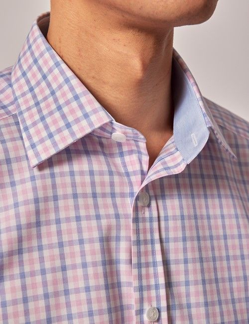 Non-Iron Pink & Blue Multi Check Tailored Fit Short Sleeve Shirt – Chest Pocket-preview