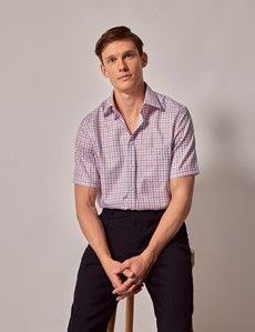 Non-Iron Red & Blue Check Tailored Short Sleeve Shirt – Chest Pocket