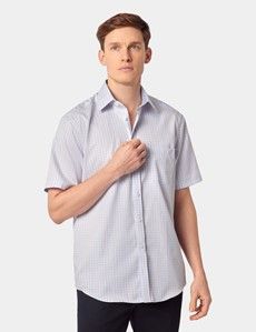 Tailored Fit Blue & Red Check Non-Iron Shirt - Short Sleeve - Chest Pocket