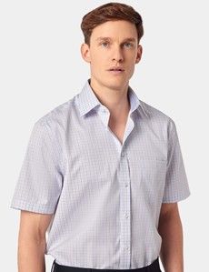 Tailored Fit Blue & Red Check Non-Iron Shirt - Short Sleeve - Chest Pocket
