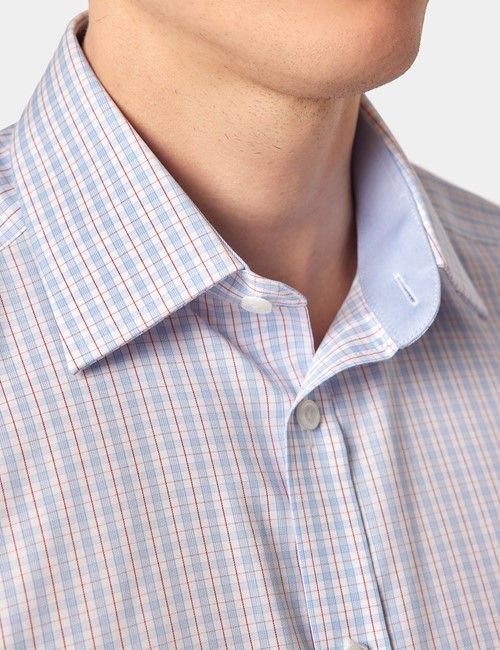 Non-Iron Blue & Red Check Tailored Fit Shirt - Short Sleeve & Chest Pocket-preview