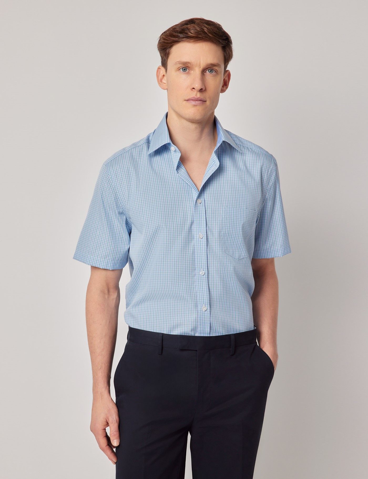 Short sleeve shirt - Fine checked Navy blue and white main image 1