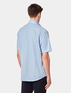 Tailored Fit Blue & White Check Non-Iron Shirt - Short Sleeve - Chest Pocket