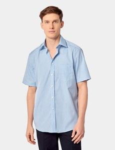 Tailored Fit Blue & White Check Non-Iron Shirt - Short Sleeve - Chest Pocket