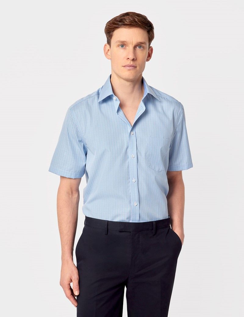 Tailored Fit Blue & White Check Non-Iron Shirt - Short Sleeve - Chest Pocket