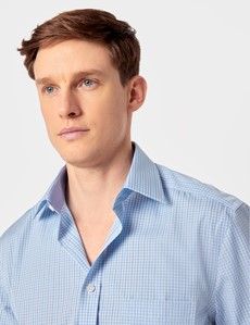 Tailored Fit Blue & White Check Non-Iron Shirt - Short Sleeve - Chest Pocket