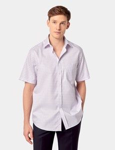 Tailored Fit Blue & Pink Check Non-Iron Shirt - Short Sleeve - Chest Pocket