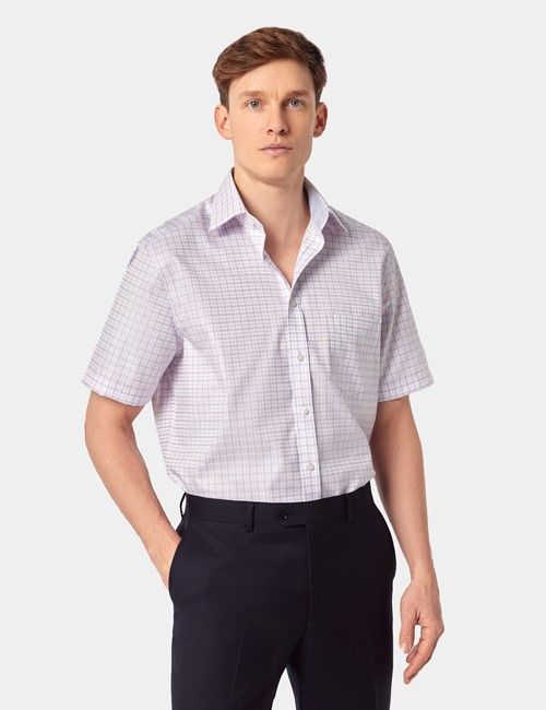 Non-Iron Blue & Pink Check Tailored Fit Shirt - Short Sleeve & Chest Pocket