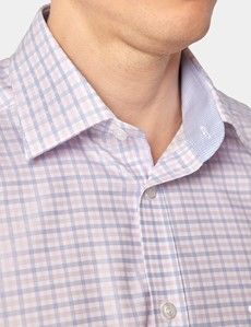 Tailored Fit Blue & Pink Check Non-Iron Shirt - Short Sleeve - Chest Pocket
