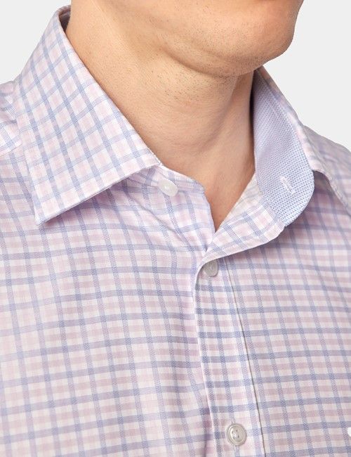 Non-Iron Blue & Pink Check Tailored Fit Shirt - Short Sleeve & Chest Pocket-preview