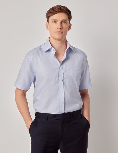 Non-Iron Blue Textured Weave Tailored Fit Shirt – Short Sleeve & Chest Pocket