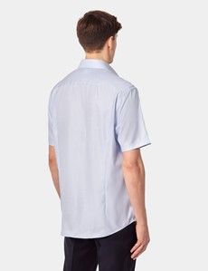 Tailored Fit Blue Textured Weave Non-Iron Shirt - Short Sleeve - Chest Pocket