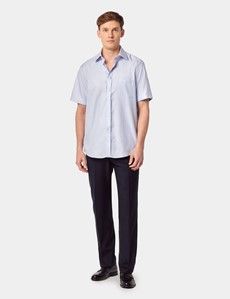 Tailored Fit Blue Textured Weave Non-Iron Shirt - Short Sleeve - Chest Pocket