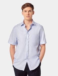 Tailored Fit Blue Textured Weave Non-Iron Shirt - Short Sleeve - Chest Pocket