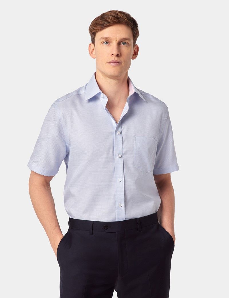 Tailored Fit Blue Textured Weave Non-Iron Shirt - Short Sleeve - Chest Pocket
