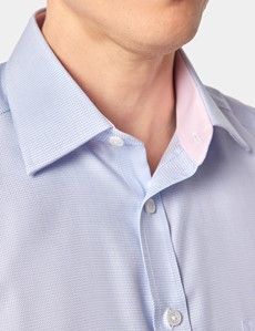 Tailored Fit Blue Textured Weave Non-Iron Shirt - Short Sleeve - Chest Pocket