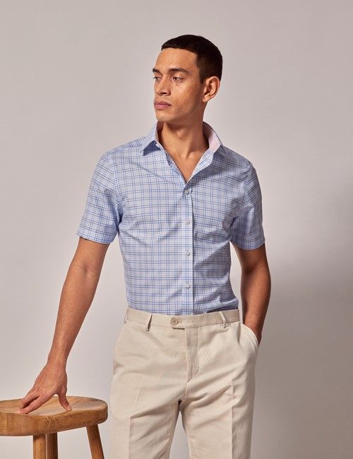 Non-Iron Blue & Light Blue Check Slim Short Sleeve Shirt