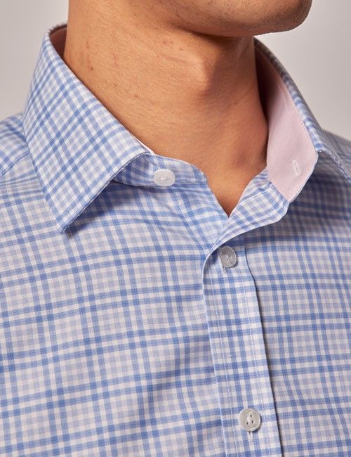 Non-Iron Blue & Light Blue Check Slim Short Sleeve Shirt-preview