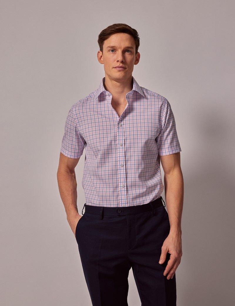 Slim Fit Pink & Blue Check Non-Iron Shirt - Short Sleeve