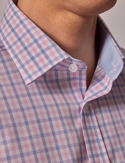 Non-Iron Pink & Blue Check Slim Short Sleeve Shirt-preview
