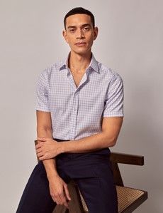 Slim Fit Lilac & Blue Check Non-Iron Shirt - Short Sleeve