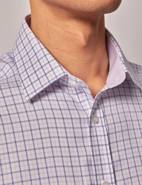 Non-Iron Lilac & Blue Check Slim Short Sleeve Shirt-preview