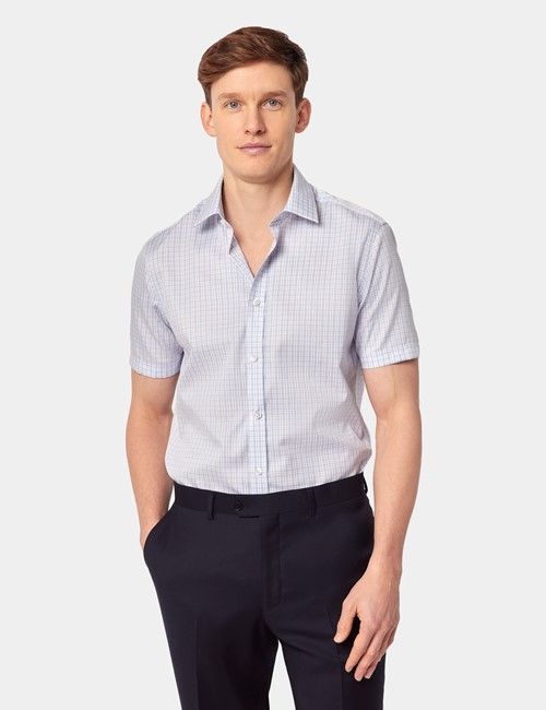 Non-Iron Blue & Red Check Slim Fit Shirt - Short Sleeve