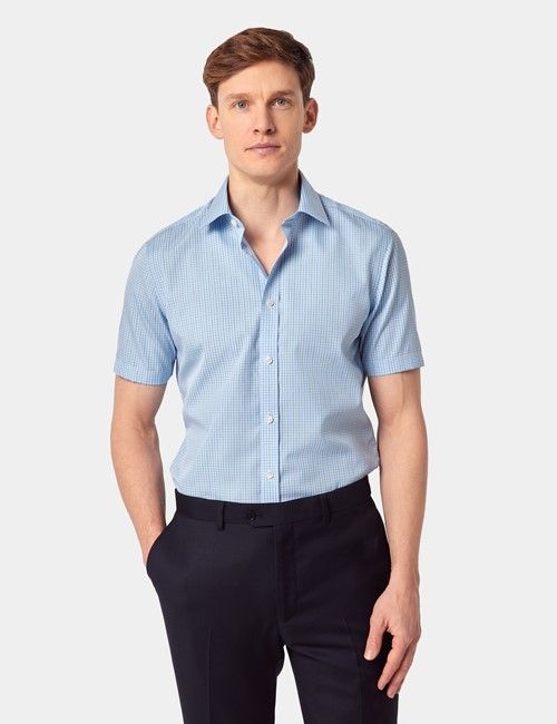 Non-Iron Blue & White Check Slim Fit Shirt - Short Sleeve