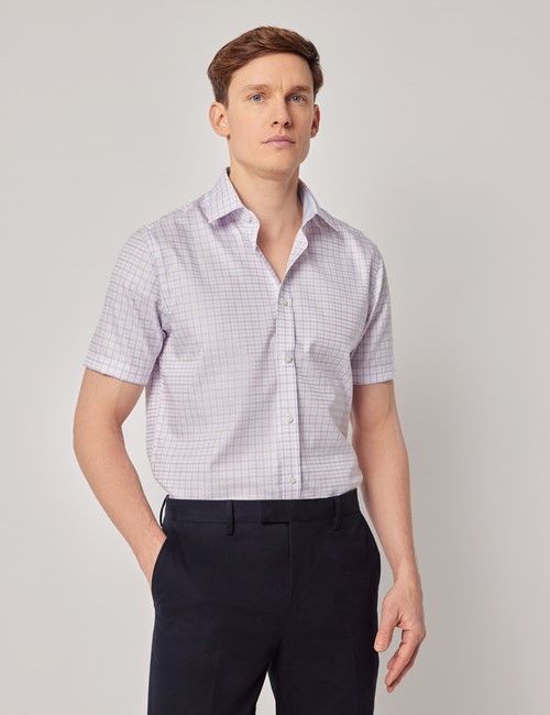 Non-Iron Blue & Pink Check Slim Fit Shirt - Short Sleeve