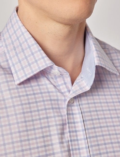 Non-Iron Blue & Pink Check Slim Fit Shirt - Short Sleeve-preview