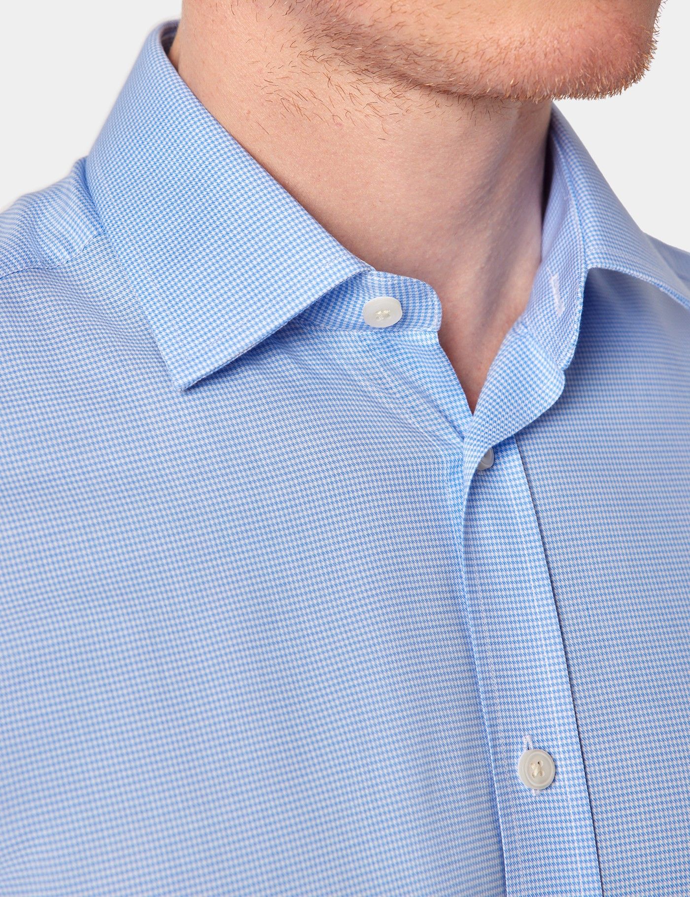Slim Fit Blue & White Dogtooth Cotton Tencel™ Blend Shirt - Short Sleeve-preview