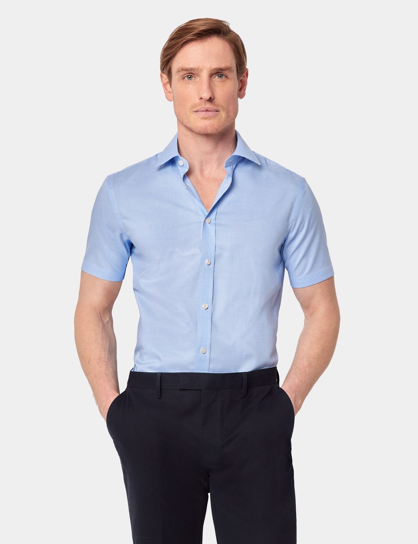 Slim Fit Blue & White Dogtooth Cotton Tencel™ Blend Shirt - Short Sleeve
