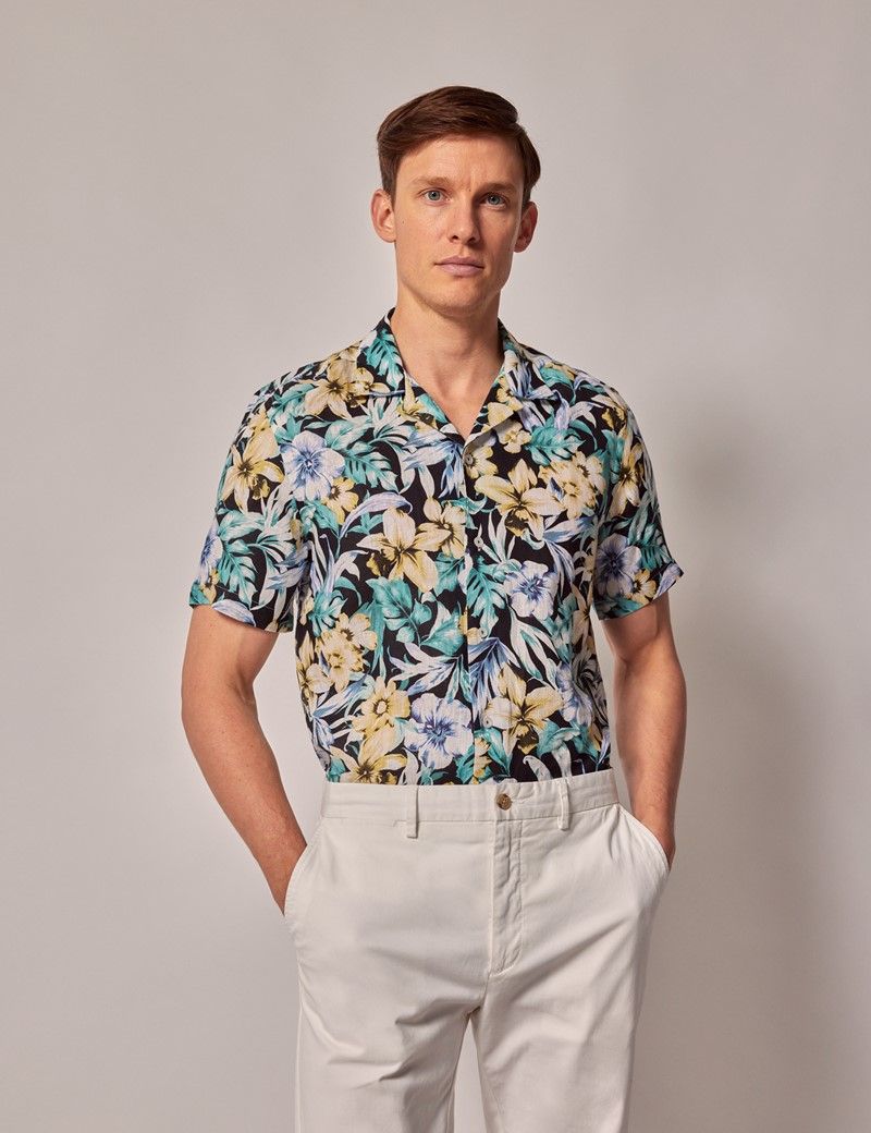 Men's Black & Green Tropical Linen Slim Short Sleeve Shirt - Revere ...