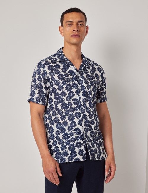 Navy & White Floral Pure Linen Slim Shirt - Short Sleeve - Revere Collar
