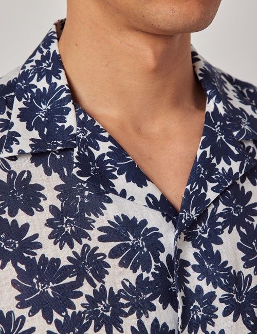 Navy & White Floral Pure Linen Slim Shirt - Short Sleeve - Revere Collar-preview
