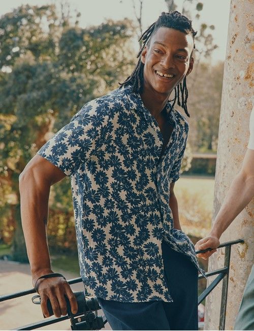 Navy & White Floral Pure Linen Slim Shirt - Short Sleeve - Revere Collar-preview