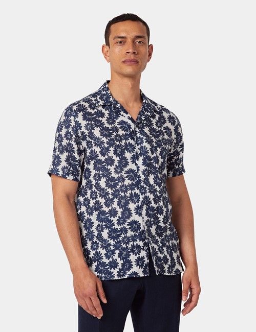 Navy & White Floral Pure Linen Slim Shirt - Short Sleeve - Revere Collar