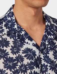 Slim Fit Navy & White Floral Linen Shirt - Short Sleeve