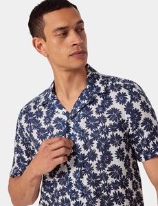 Slim Fit Navy & White Floral Linen Shirt - Short Sleeve