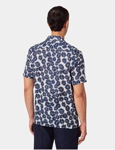 Slim Fit Navy & White Floral Linen Shirt - Short Sleeve