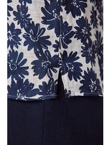 Slim Fit Navy & White Floral Linen Shirt - Short Sleeve