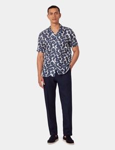 Slim Fit Navy & White Floral Linen Shirt - Short Sleeve