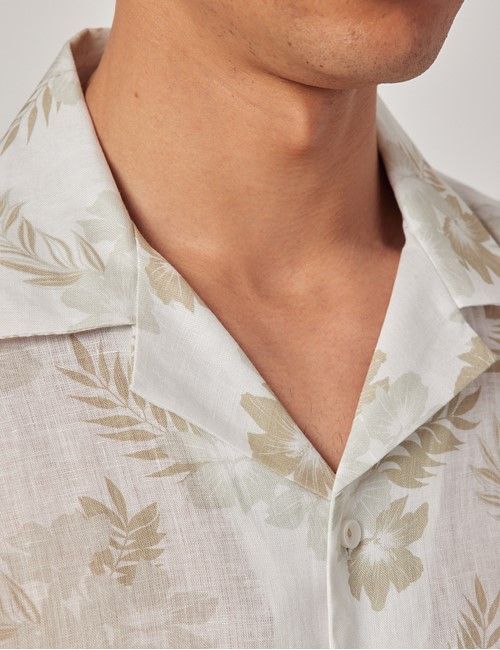 Beige & White Floral Pure Linen Slim Shirt - Short Sleeve - Revere Collar-preview