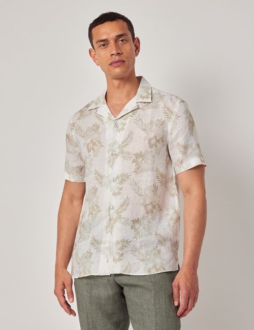 Beige & White Floral Pure Linen Slim Shirt - Short Sleeve - Revere Collar