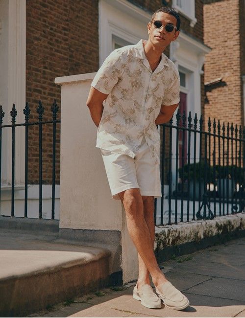 Beige & White Floral Pure Linen Slim Shirt - Short Sleeve - Revere Collar-preview